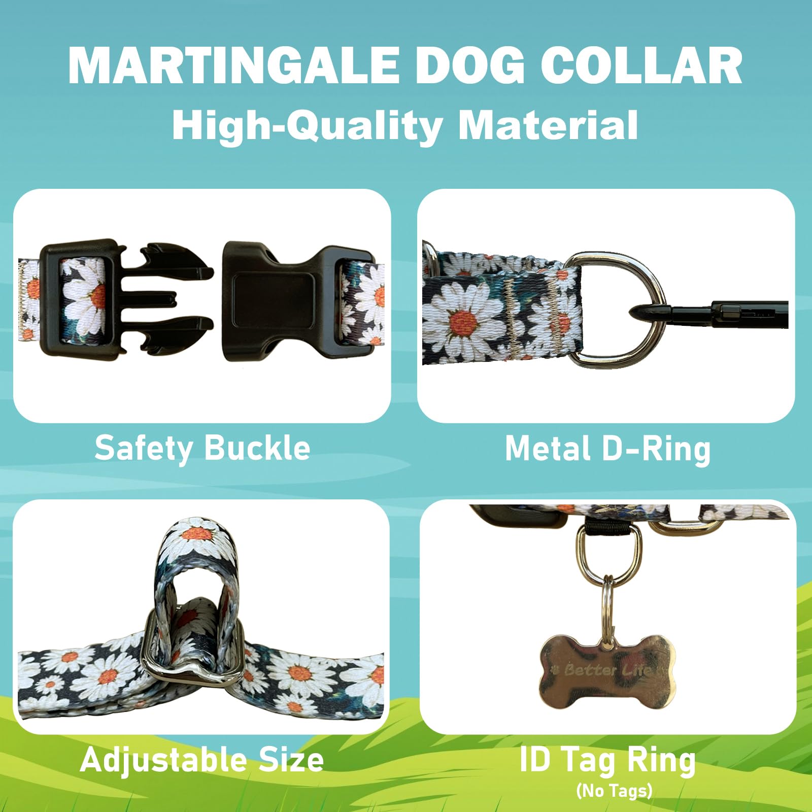 Fidohug Quick Release Dog Collar Martingale Adjustable Nylon Soft Flower Dog Collars With Buckle (Daisy,Xlarge)